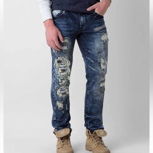 GrindHouse Jeans men 30 Straight leg Distressed Jeans pockets patched dark denim